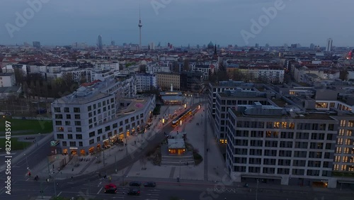 Aerial view of Berlin's Deutsche Bahn office building in Elisabeth Schwarzhaupt Platz, Invalidenstrasse, Mitte, at sunset. Alexanderplatz and Berlin Dom in the background photo