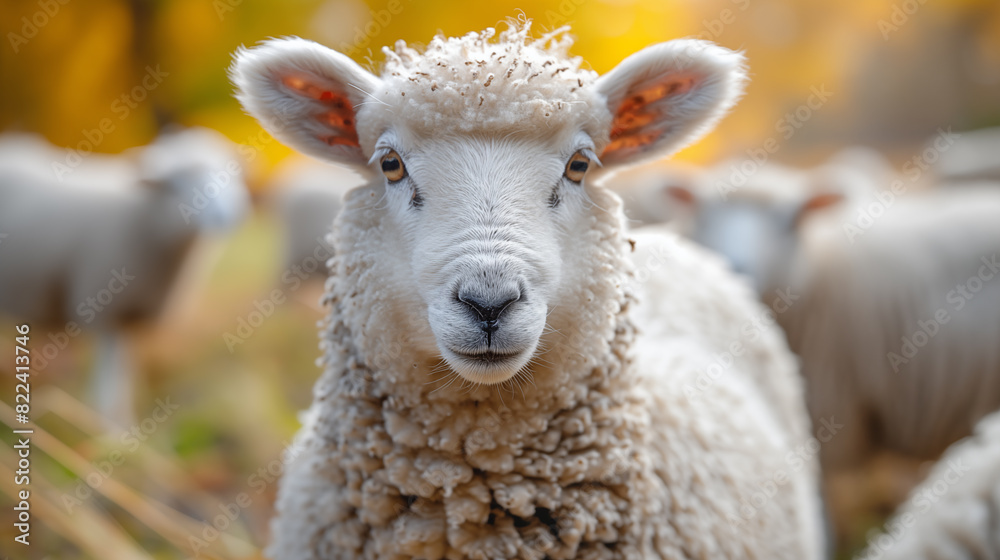 Photo of a sheep with white wool, looking directly at the camera in an autumn meadow surrounded by other sheep.