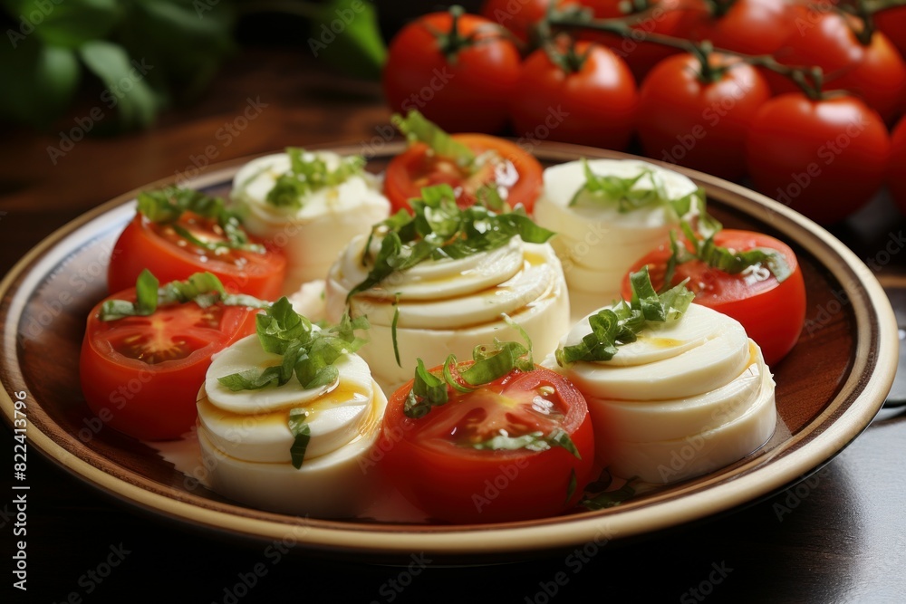 Close-up of a caprese salad with mozzarella, tomatoes, and basil on a plate Close-up of a caprese salad with mozzarella, tomatoes, and basil on a plate