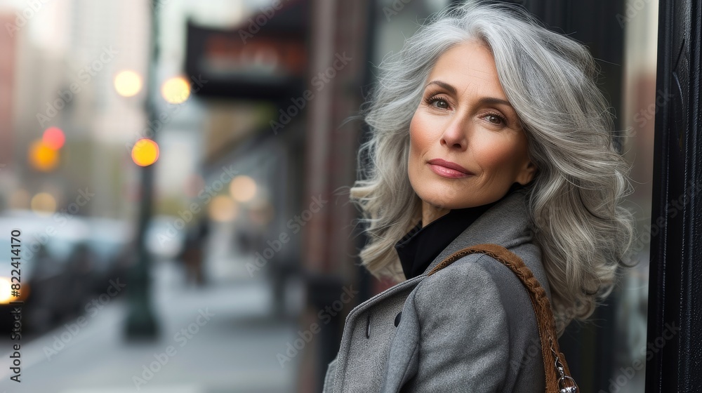 Stylish mature woman with gray hair against the backdrop of a noisy city street Stylish mature woman with gray hair against the backdrop of a noisy city street