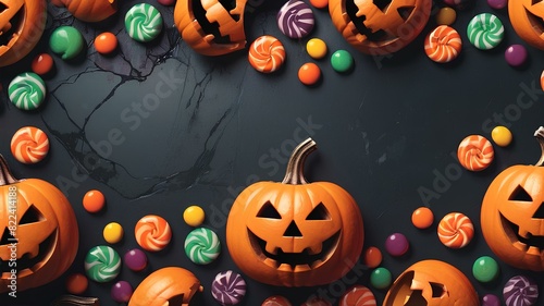 Halloween background with pumpkins and candies suitable for commercials with free space text media. Dark gray background with colorful objects in foreground halloween theme