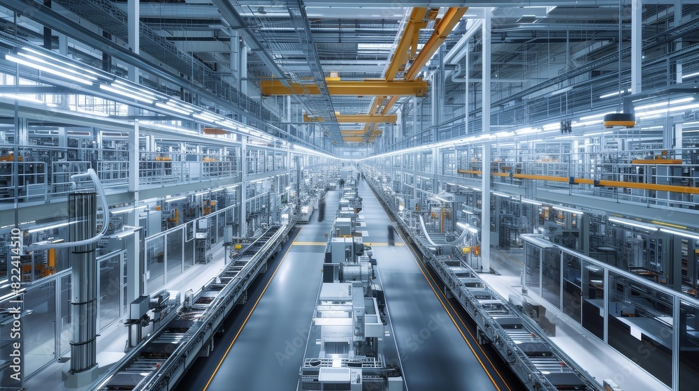 State of the art factory, featuring automated production lines and cutting edge industrial machinery State of the art factory, featuring automated production lines and cutting edge industrial machinery