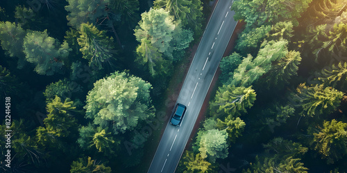 Car on a road in green rainforest environment background travel trip landscape © AMNA