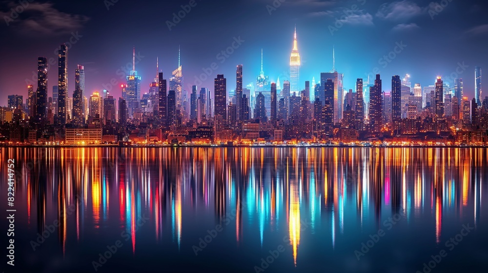 A vibrant city skyline at night, with glittering skyscrapers rising against a dark sky illuminated by a tapestry of colorful city lights, reflecting on the still waters of a nearby river