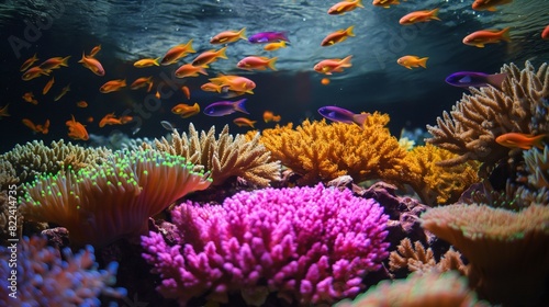 A vibrant coral reef teeming with life, neon-colored fish darting among intricate formations of coral beneath the shimmering surface of the sea. 32k, full ultra HD, high resolution