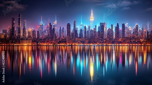 A vibrant city skyline at night  with glittering skyscrapers rising against a dark sky illuminated by a tapestry of colorful city lights  reflecting on the still waters of a nearby river
