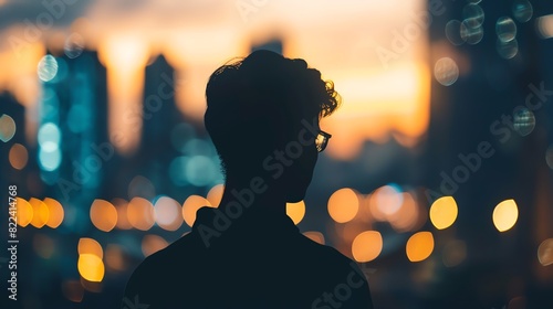Silhouette of a person in deep thought, with a blurred cityscape in the background, capturing the contrast between the sharp outline and the soft-focus urban environment photo