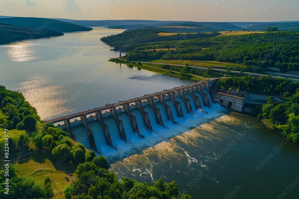 Aerial View of Hydroelectric Dam with Spillways Open for Renewable Energy Production