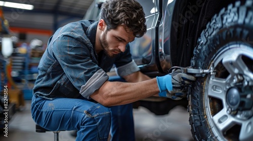 Auto mechanic changing a tire in a repair shop.