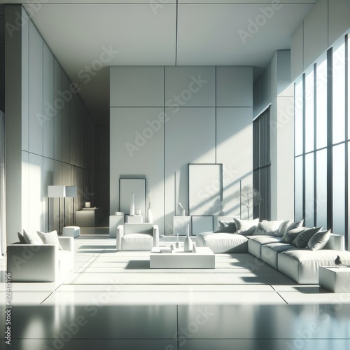 Serene Minimalism: Spacious Living Room with Expansive Windows, Elevated Ceilings, and Sleek White Palette Accented by Black and Natural Wood Tones. Generative AI