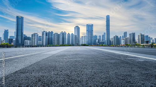 Empty asphalt road and modern city skyline with building