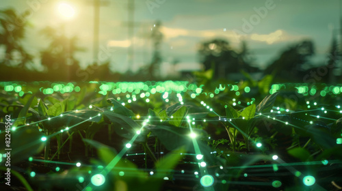 A field of green plants with a bright green glow