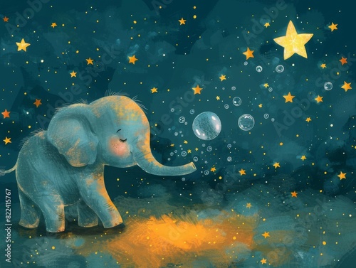 A whimsical children book scene with an elephant blowing bubbles that turn into stars, illustrated in a boho minimalistic style. AI generated