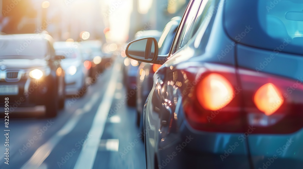 Close-up of cars in a traffic jam during sunset. Urban transportation and commuter traffic on a busy road. Close-up of cars in a traffic jam during sunset. Urban transportation and commuter traffic on a busy road.