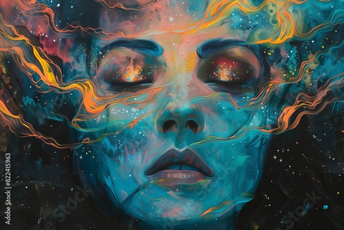 An abstract painting of a girl with psychic waves emanating from her, her eyes reflecting galaxies, suggesting her deep connection with the cosmos. AI generated