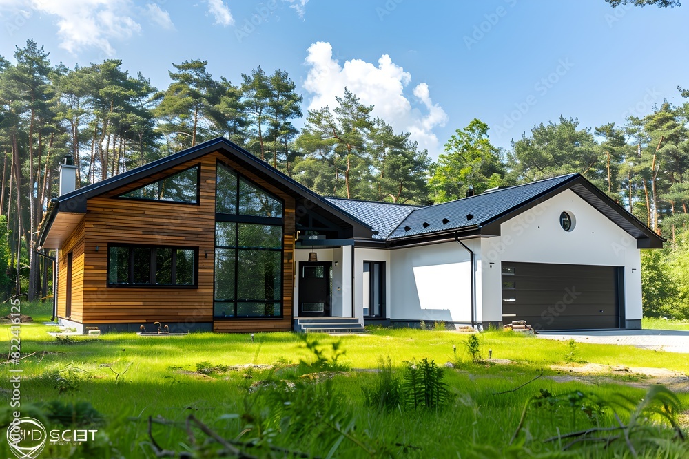 modern house in the forest, white and dark brown walls with wooden details, large windows on one side of which is a garage door, green lawn modern house in the forest, white and dark brown walls with wooden details, large windows on one side of which is a garage door, green lawn