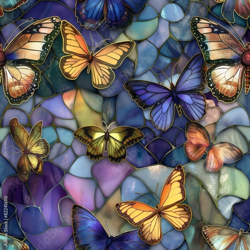 Butterfly stained glass seamless pattern background. AI generated