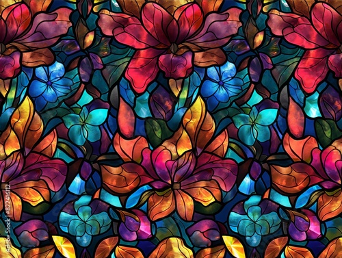 Art Nouveau floral stained glass with luminous faux patterns in saturated colors. AI generated