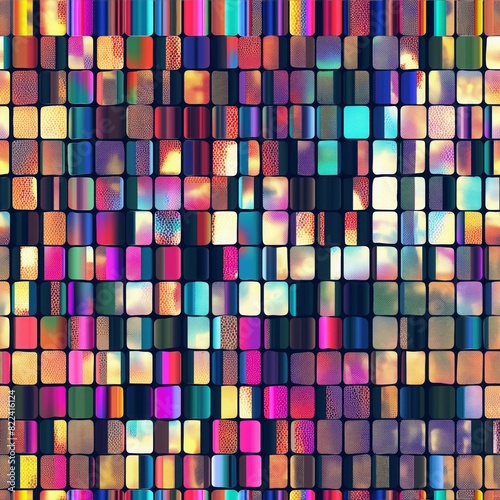 Disco mirror glam sequin with iridescent hues, glitter accents, and shimmering light effects, seamless pattern. AI generated