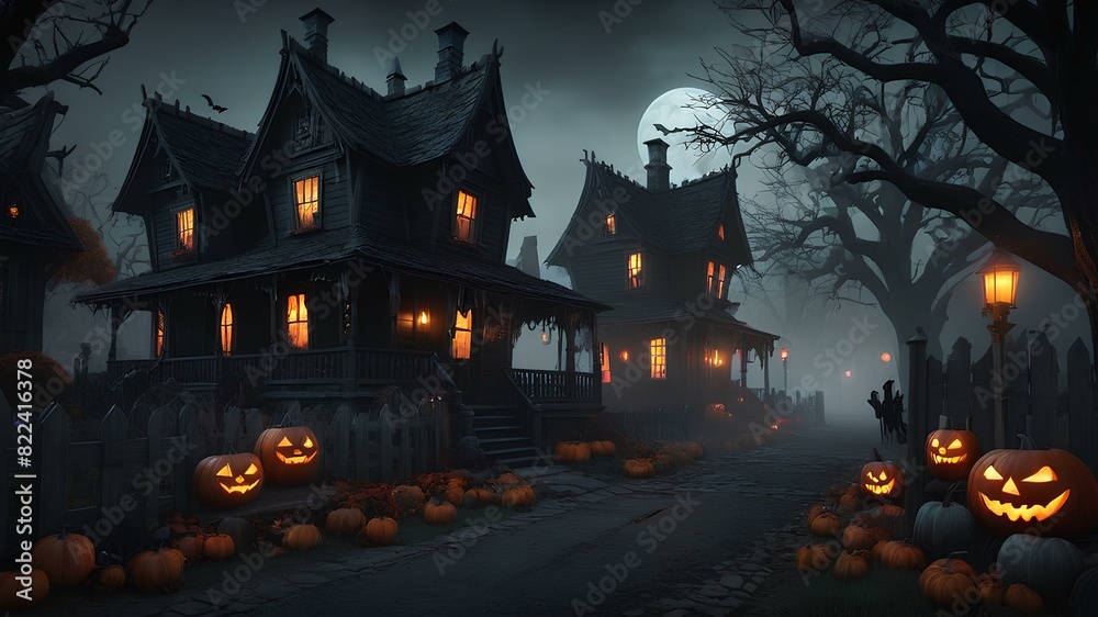 halloween night scene with pumpkin in a deserted village scary night with two houses and full moon behind tree branches