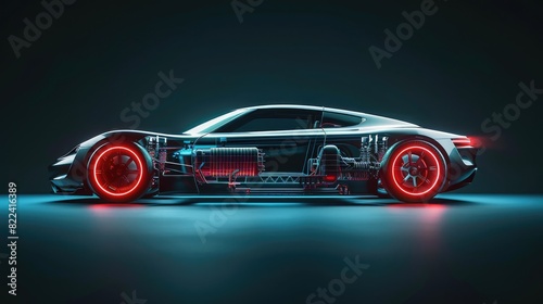 A futuristic electric car with the engine and battery visible under its body  illuminated