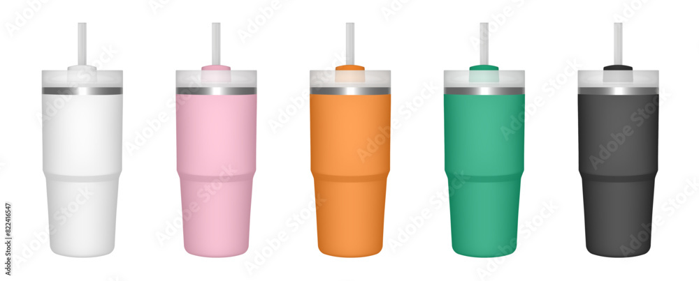 Thermo cup with straw. 20 oz. 3d mockup of a travel thermos. Set of white, pink, orange, green and black mugs. Tumbler template. White lid
Thermo cup with straw. 20 oz. 3d mockup of a travel thermos. Set of white, pink, orange, green and black mugs. Tumbler template. White lid