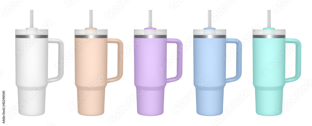 Thermo cup with handle and straw. 30 oz. 3d mockup of a travel thermos. Set of white, beige, violet, green and blue mugs. Tumbler template. White lid Thermo cup with handle and straw. 30 oz. 3d mockup of a travel thermos. Set of white, beige, violet, green and blue mugs. Tumbler template. White lid