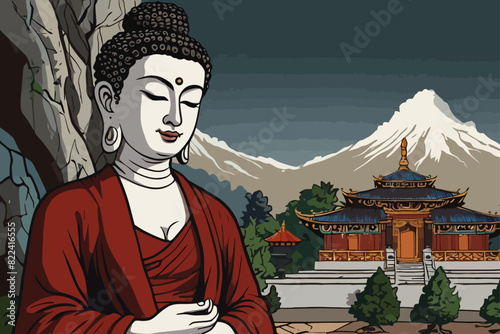 Tara is a  female Buddha who is a consort of Amoghasidhi Buddha  in a background Tibetan temple photo