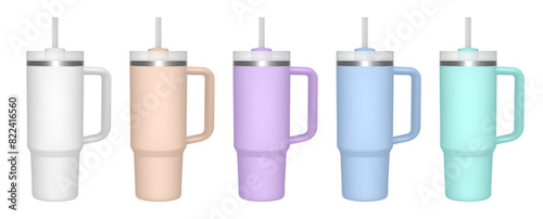 Thermo cup with handle and straw. 30 oz. 3d mockup of a travel thermos. Set of white, beige, violet, green and blue mugs. Tumbler template. White lid