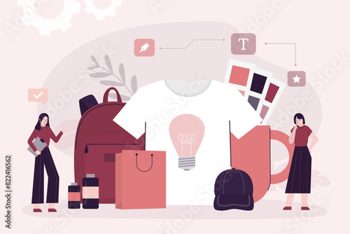 Female client and designer talking about making various company products with brand logo. Custom design clothes for marketing. Creating merch for advertising campaign.