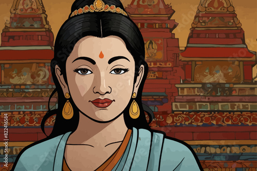 Tara is a  female Buddha who is a consort of Amoghasidhi Buddha  in a background Tibetan temple