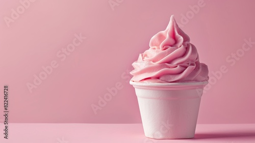 Delicious pink soft serve ice cream in a white cup against a pastel pink background. Sweet dessert treat for any occasion.