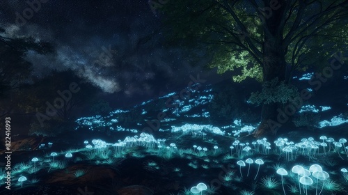 An otherworldly landscape of glowing bioluminescent mushrooms carpeting the forest floor beneath a star-filled night sky. 32k, full ultra HD, high resolution © Kalsoom