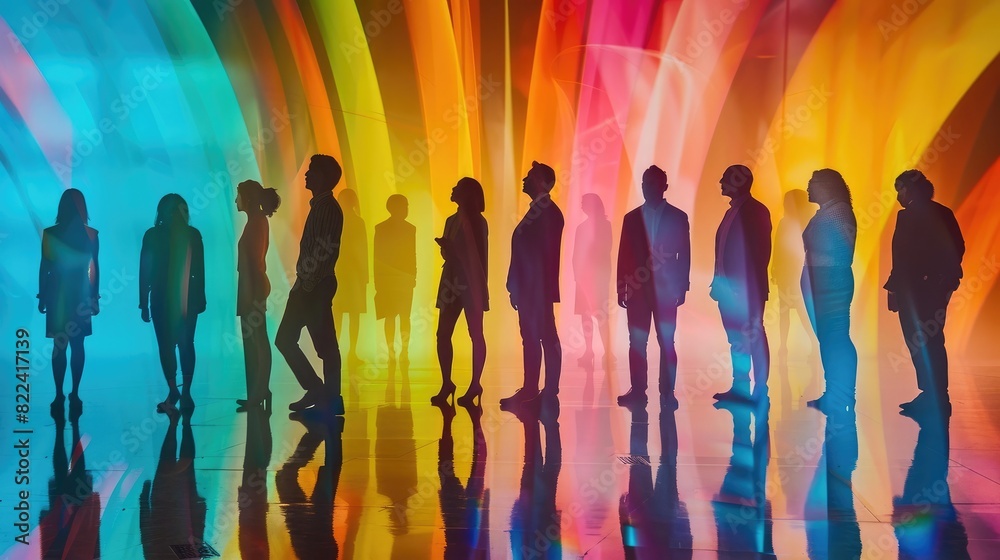 A group of business people stand in front of an abstract background with a double exposure effect, showcasing diversity and collaboration within the corporate world.