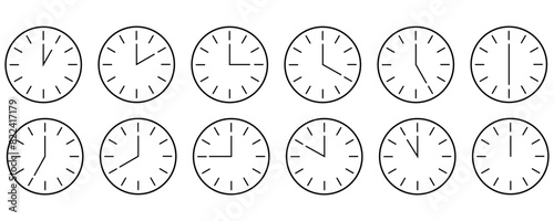 Set of clocks icon vector for every hour, linear style clock icon set, time and clock line icons isolated on white background.