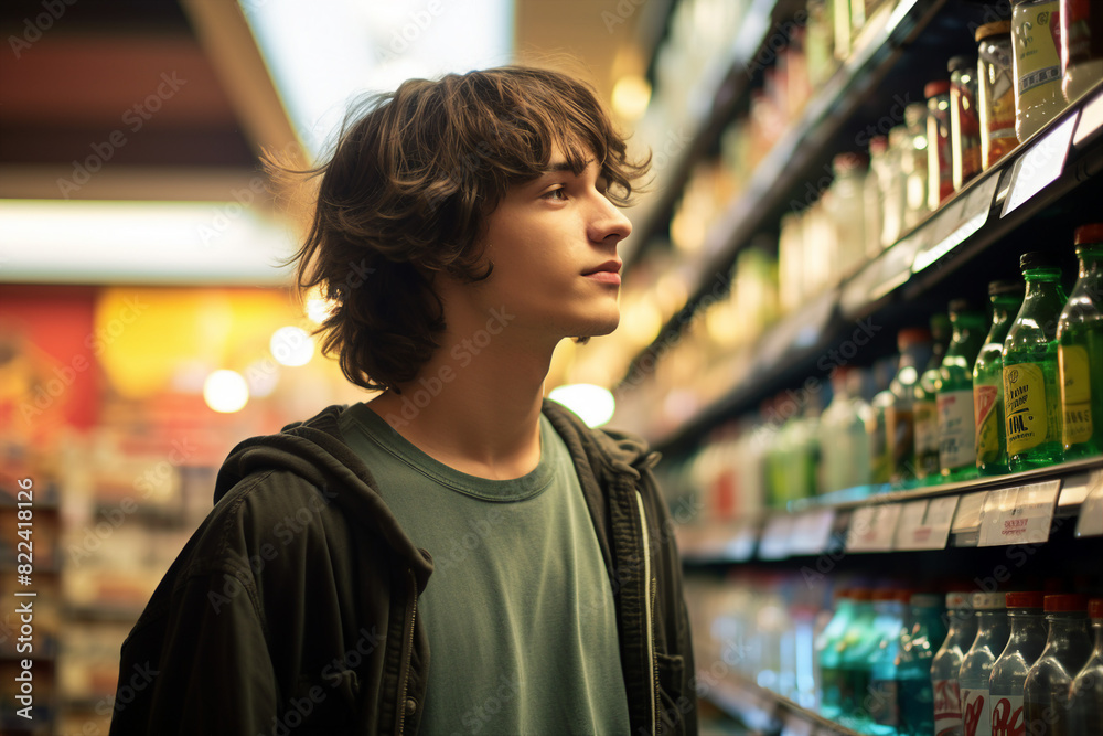 Generative AI image of young man explores a wine store rows Generative AI image of young man explores a wine store rows