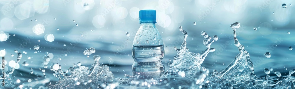 Bottle of water that is falling into the water. Banner Bottle of water that is falling into the water. Banner