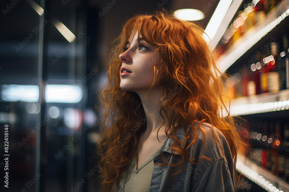 Generative AI image of young shopper chooses an alcoholic beverage at a local liquor store Generative AI image of young shopper chooses an alcoholic beverage at a local liquor store