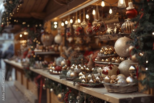 Explore a festive stall brimming with unique handcrafted ornaments and traditional German crafts, beckoning visitors with holiday cheer.