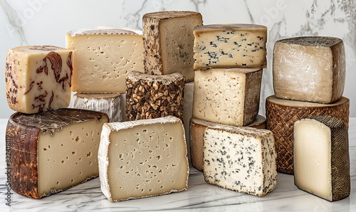 Cheeses, each piece uniquely textured, displayed on a white marble kitchen between the simplicity of the background  ,Generate AI photo