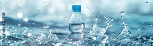 Bottle of water that is falling into the water. Banner photo