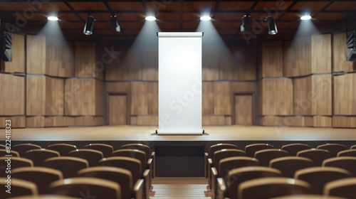 A blank white roll-up banner display mockup standing on a stage in an empty auditorium with rows of seats and spotlights focused on the banner, isolated and prominent, 3d rendering,