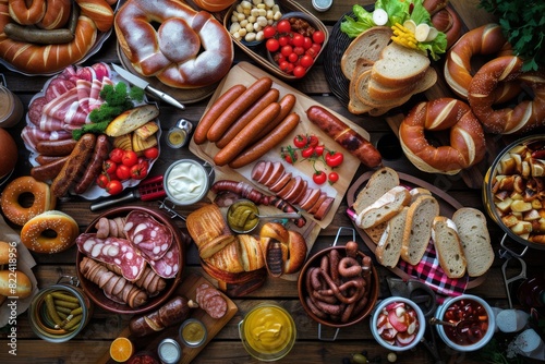An overhead shot of a wooden table covered in an assortment of traditional Austrian pretzels, sausages, and mustard, ready to be devoured at Oktoberfest in Austria.  photo