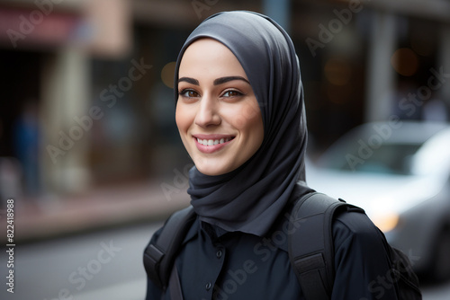 Arabian woman in hijab living her life in modern city have shopping working traveling abilities, Generative AI photo