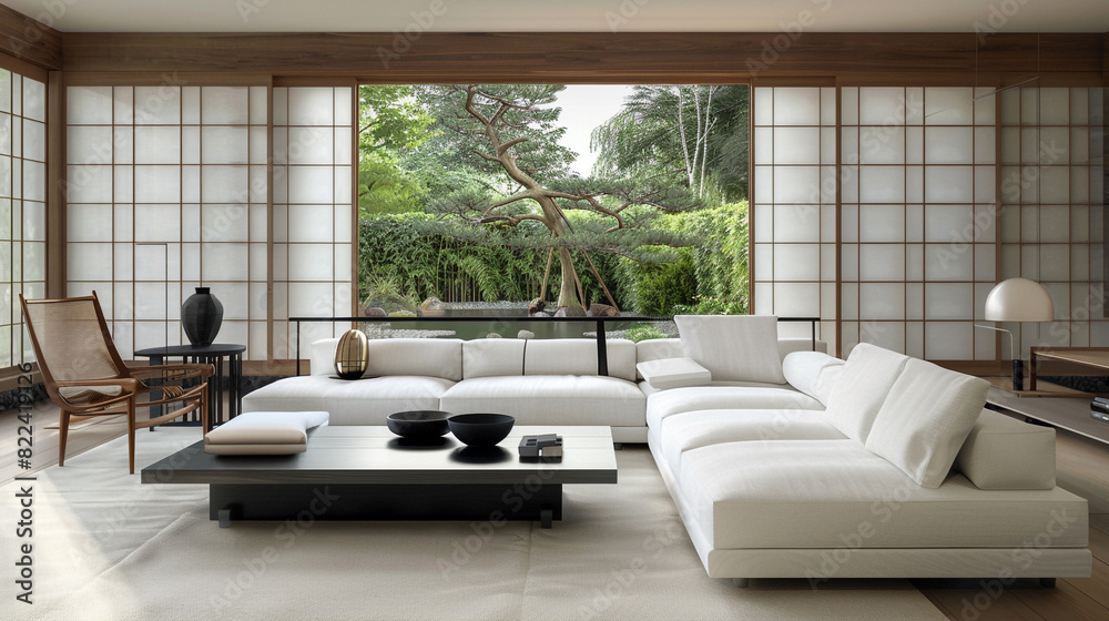A contemporary Japanese living room with shoji screen walls, a minimalist white linen sofa, and a black lacquer coffee table A contemporary Japanese living room with shoji screen walls, a minimalist white linen sofa, and a black lacquer coffee table