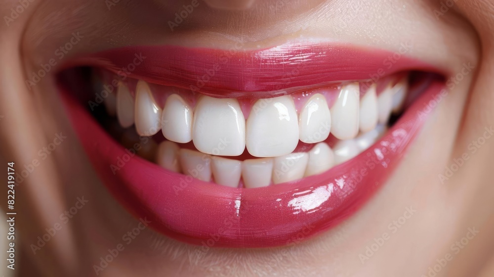 Close-up image of a person smiling with bright red lipstick Close-up image of a person smiling with bright red lipstick
