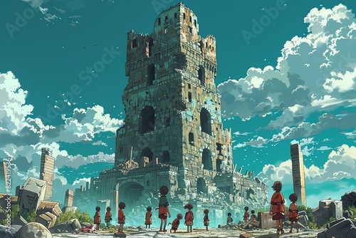 Visualize a colorful cartoon image showcasing the Tower of Babel surrounded by a bustling marketplace at its base, where merchants sell exotic goods