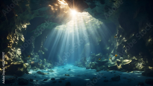 underwater cave with rays of light photo