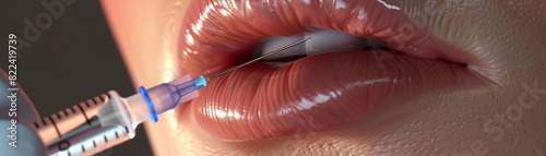 Close-up of a syringe injecting filler into lips for cosmetic enhancement