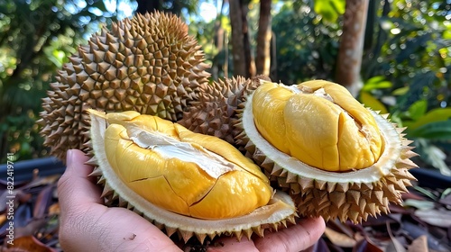 Exotic Durian Fruit Revealed Halved Yellow Center with Texture Details in Outdoor Garden